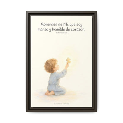 Aprended de Mí, que soy manso y humilde — Lienzo Cristiano Enmarcado | Mateo 11:29-30 — 12×18 pulgadas, marco espresso, vista frontal