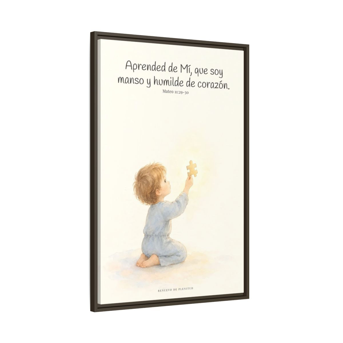 Aprended de Mí, que soy manso y humilde — Lienzo Cristiano Enmarcado | Mateo 11:29-30 — 24×36 pulgadas, marco espresso, vista lateral del marco flotante