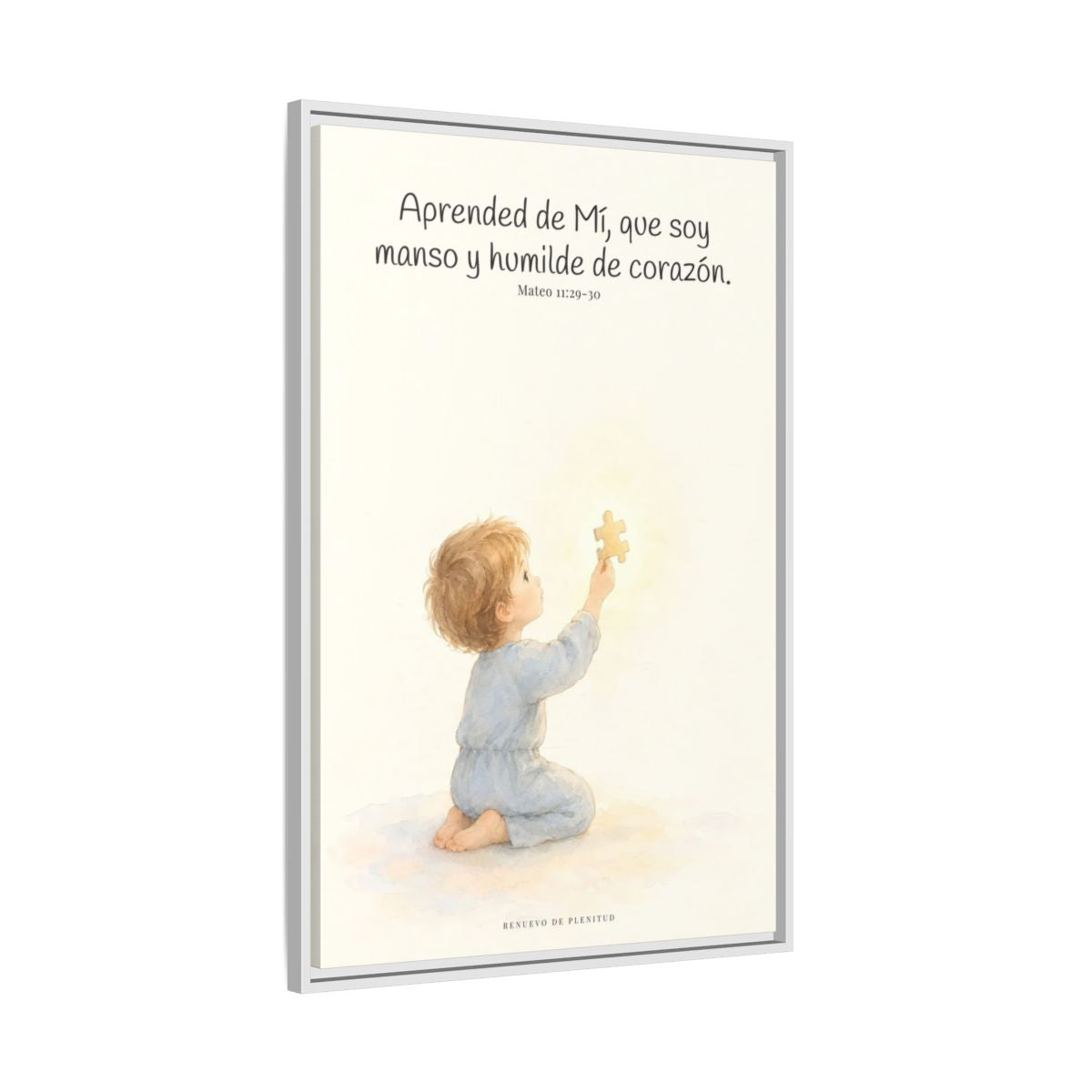 Aprended de Mí, que soy manso y humilde — Lienzo Cristiano Enmarcado | Mateo 11:29-30 — 24×36 pulgadas, marco blanco, vista lateral del marco flotante