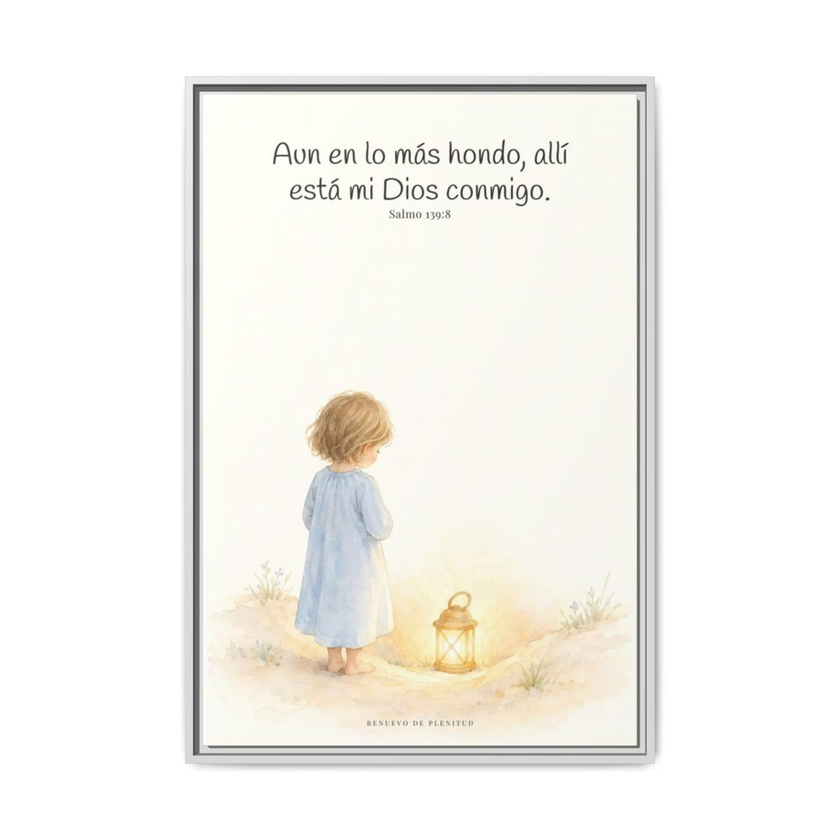 Aun en lo más hondo, allí está Dios — Lienzo Cristiano Enmarcado | Salmo 139:8 — 24×36 pulgadas, marco blanco, vista frontal