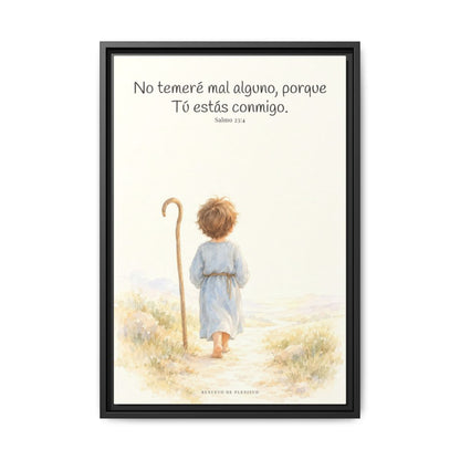 Aunque ande en valle de sombra, Tú estás conmigo — Lienzo Cristiano Enmarcado | Salmo 23:4 — 16×24 pulgadas, marco negro, vista frontal