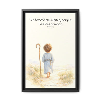 Aunque ande en valle de sombra, Tú estás conmigo — Lienzo Cristiano Enmarcado | Salmo 23:4 — 12×18 pulgadas, marco negro, vista frontal