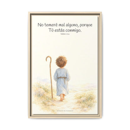Aunque ande en valle de sombra, Tú estás conmigo — Lienzo Cristiano Enmarcado | Salmo 23:4 — 16×24 pulgadas, marco natural, vista frontal