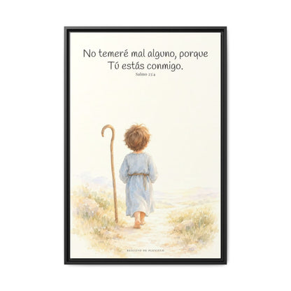 Aunque ande en valle de sombra, Tú estás conmigo — Lienzo Cristiano Enmarcado | Salmo 23:4 — 24×36 pulgadas, marco negro, vista frontal