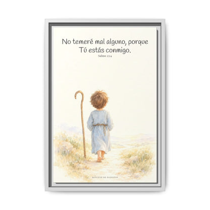 Aunque ande en valle de sombra, Tú estás conmigo — Lienzo Cristiano Enmarcado | Salmo 23:4 — 12×18 pulgadas, marco blanco, vista frontal