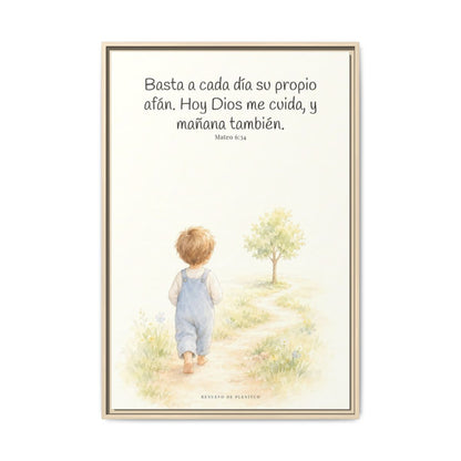 Basta a cada día su propio afán — Lienzo Cristiano Enmarcado | Mateo 6:34 — 24×36 pulgadas, marco natural, vista frontal