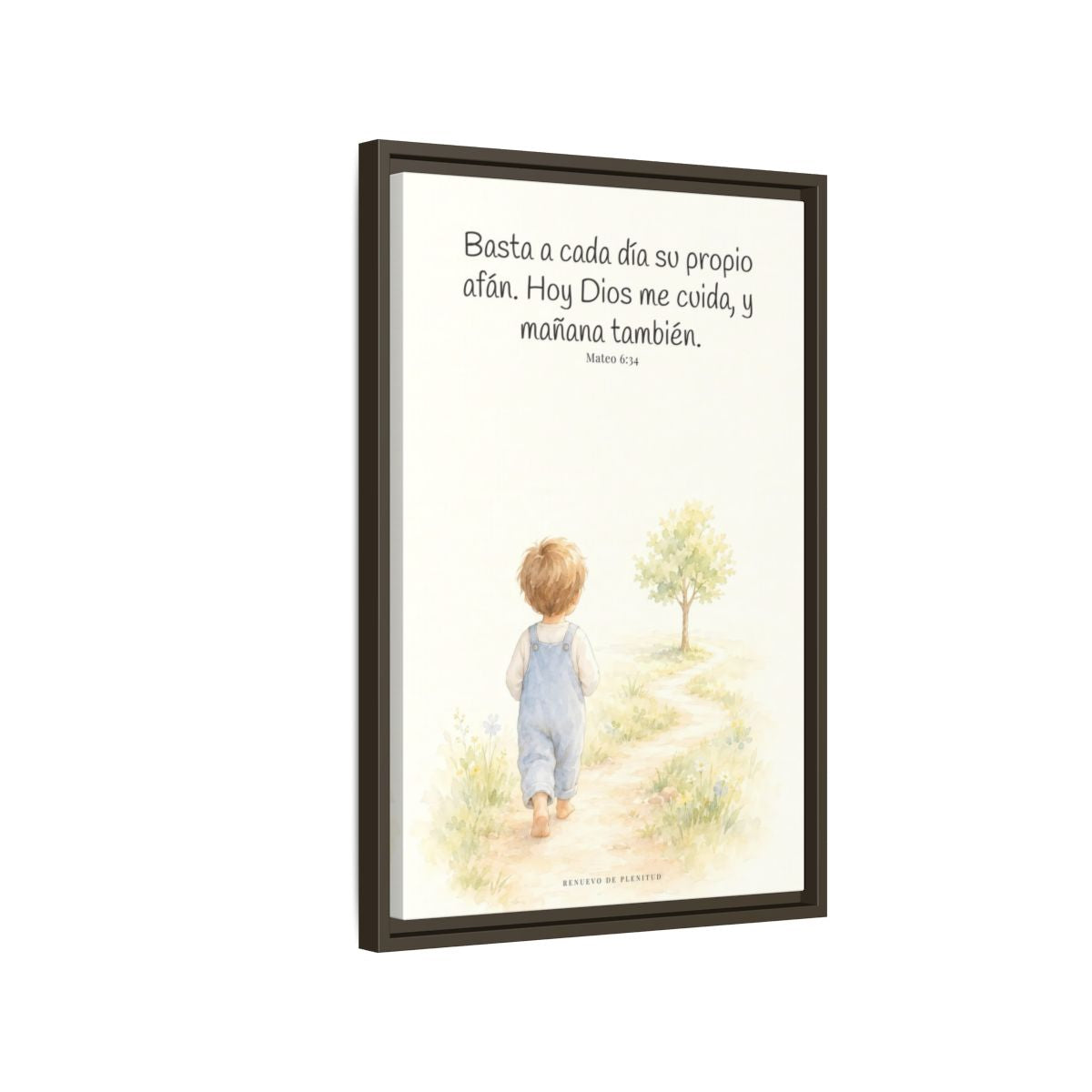Basta a cada día su propio afán — Lienzo Cristiano Enmarcado | Mateo 6:34 — 16×24 pulgadas, marco espresso, vista lateral del marco flotante