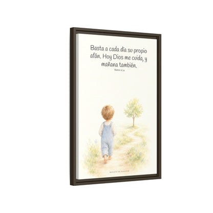 Basta a cada día su propio afán — Lienzo Cristiano Enmarcado | Mateo 6:34 — 16×24 pulgadas, marco espresso, vista lateral del marco flotante