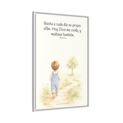 Basta a cada día su propio afán — Lienzo Cristiano Enmarcado | Mateo 6:34 — 24×36 pulgadas, marco blanco, vista lateral del marco flotante