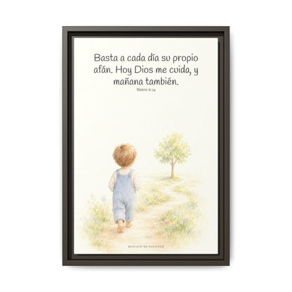 Basta a cada día su propio afán — Lienzo Cristiano Enmarcado | Mateo 6:34 — 12×18 pulgadas, marco espresso, vista frontal