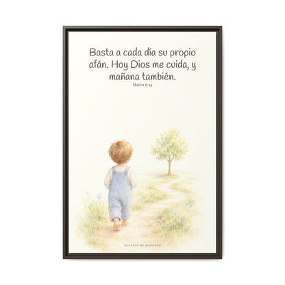 Basta a cada día su propio afán — Lienzo Cristiano Enmarcado | Mateo 6:34 — 24×36 pulgadas, marco espresso, vista frontal