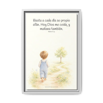 Basta a cada día su propio afán — Lienzo Cristiano Enmarcado | Mateo 6:34 — 12×18 pulgadas, marco blanco, vista frontal