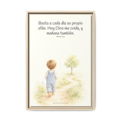Basta a cada día su propio afán — Lienzo Cristiano Enmarcado | Mateo 6:34 — 16×24 pulgadas, marco natural, vista frontal