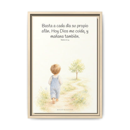 Basta a cada día su propio afán — Lienzo Cristiano Enmarcado | Mateo 6:34 — 12×18 pulgadas, marco natural, vista frontal