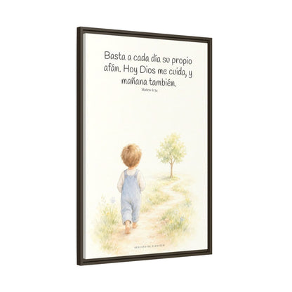 Basta a cada día su propio afán — Lienzo Cristiano Enmarcado | Mateo 6:34 — 24×36 pulgadas, marco espresso, vista lateral del marco flotante