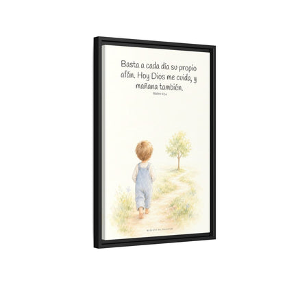 Basta a cada día su propio afán — Lienzo Cristiano Enmarcado | Mateo 6:34 — 16×24 pulgadas, marco negro, vista lateral del marco flotante