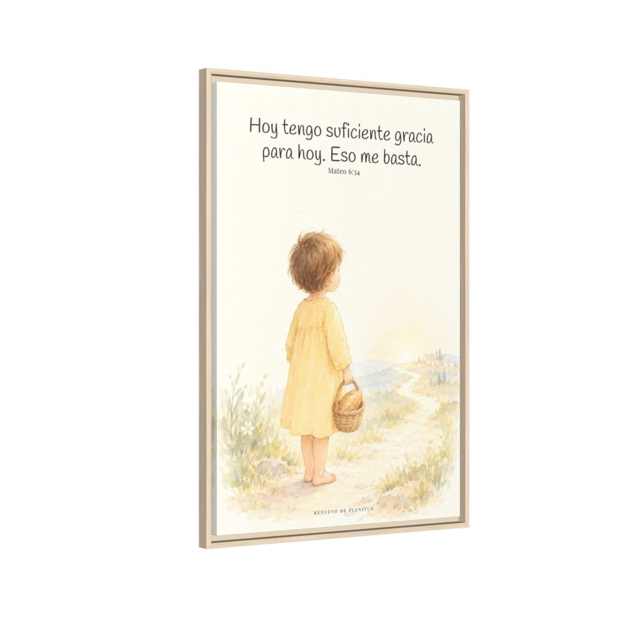 Basta a cada día su propio afán — Lienzo Cristiano Enmarcado | Mateo 6:34 — 24×36 pulgadas, marco natural, vista lateral del marco flotante
