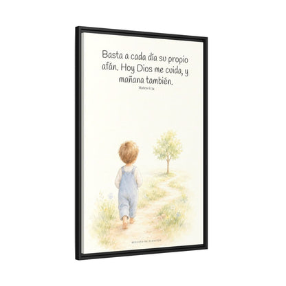 Basta a cada día su propio afán — Lienzo Cristiano Enmarcado | Mateo 6:34 — 24×36 pulgadas, marco negro, vista lateral del marco flotante