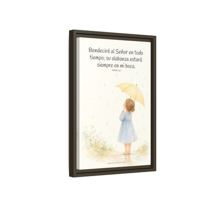 Bendeciré a Jehová en todo tiempo — Lienzo Cristiano Enmarcado | Salmo 34:1 — 12×18 pulgadas, marco espresso, vista lateral del marco flotante
