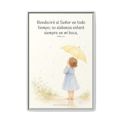 Bendeciré a Jehová en todo tiempo — Lienzo Cristiano Enmarcado | Salmo 34:1 — 24×36 pulgadas, marco blanco, vista frontal