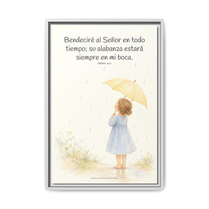 Bendeciré a Jehová en todo tiempo — Lienzo Cristiano Enmarcado | Salmo 34:1 — 16×24 pulgadas, marco blanco, vista frontal