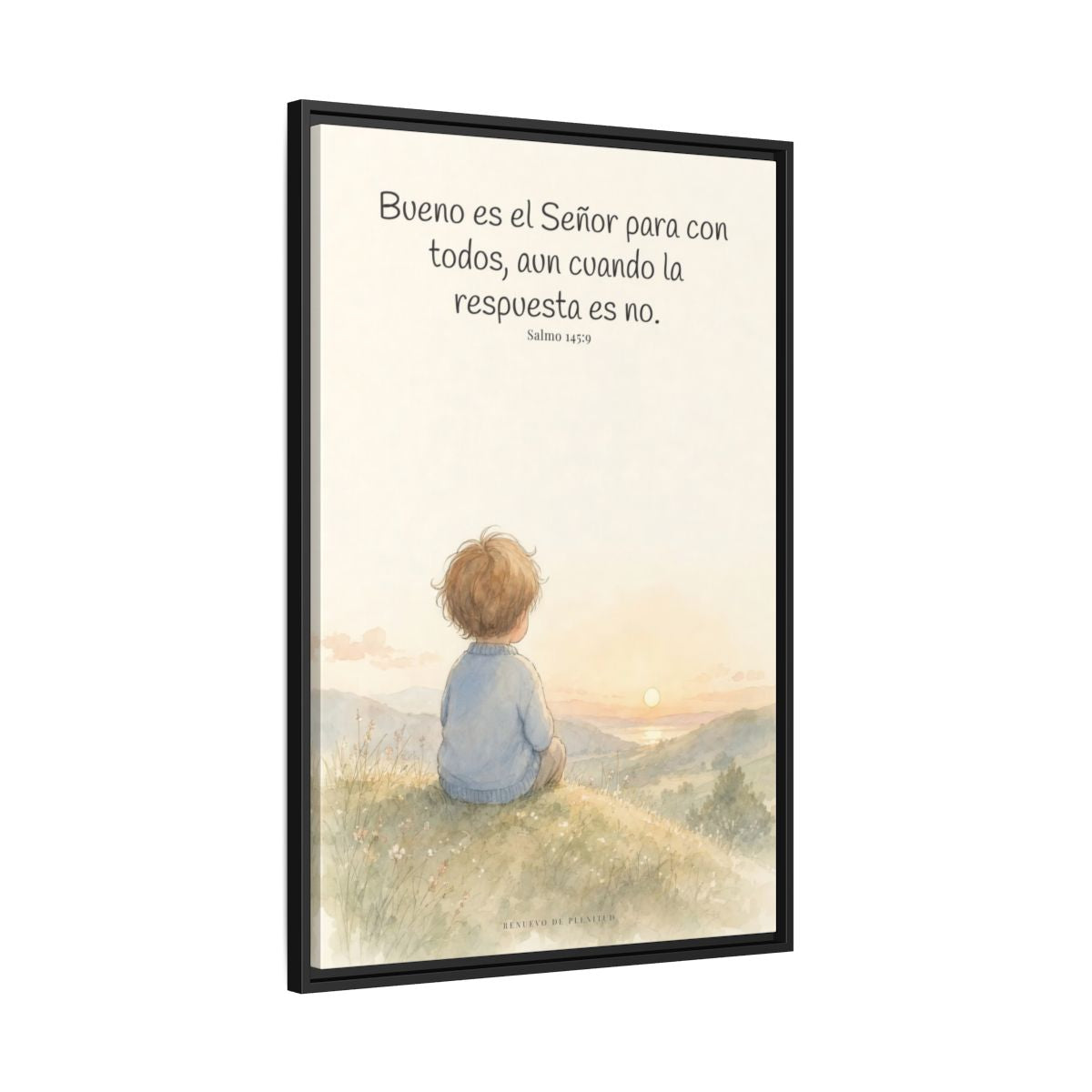 Bueno es Jehová para con todos — Lienzo Cristiano Enmarcado | Salmo 145:9 — 24×36 pulgadas, marco negro, vista lateral del marco flotante