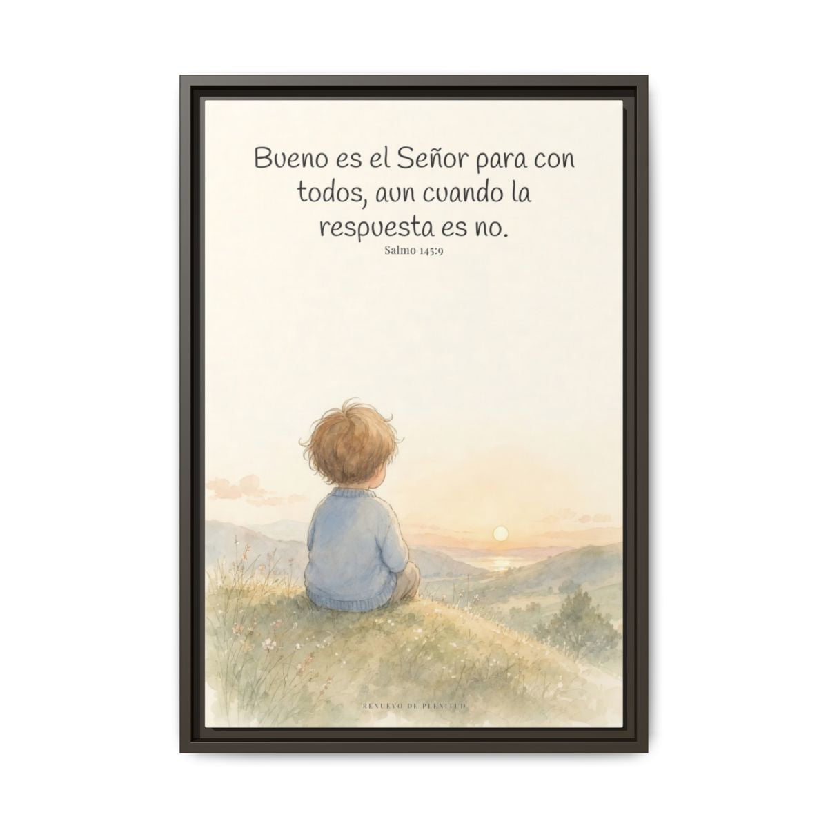 Bueno es Jehová para con todos — Lienzo Cristiano Enmarcado | Salmo 145:9 — 16×24 pulgadas, marco espresso, vista frontal