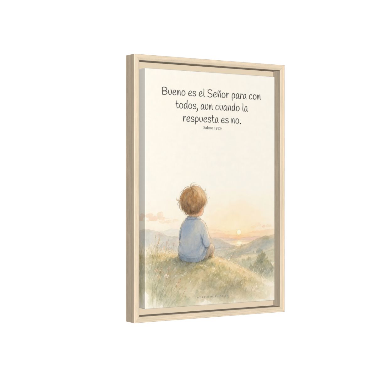 Bueno es Jehová para con todos — Lienzo Cristiano Enmarcado | Salmo 145:9 — 12×18 pulgadas, marco natural, vista lateral del marco flotante