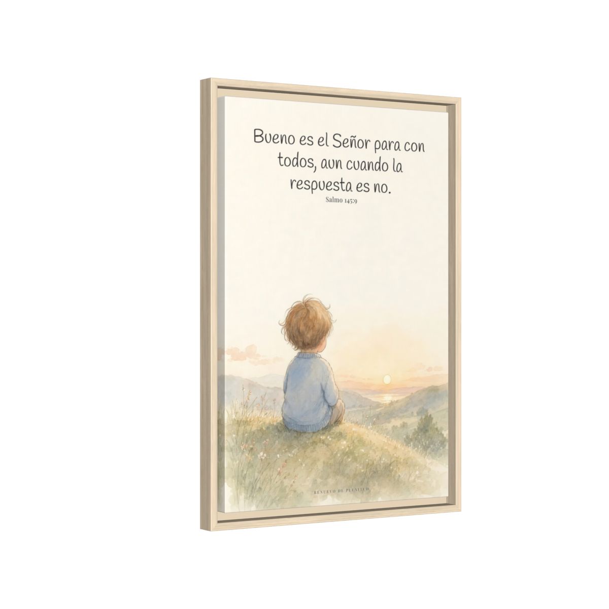 Bueno es Jehová para con todos — Lienzo Cristiano Enmarcado | Salmo 145:9 — 16×24 pulgadas, marco natural, vista lateral del marco flotante