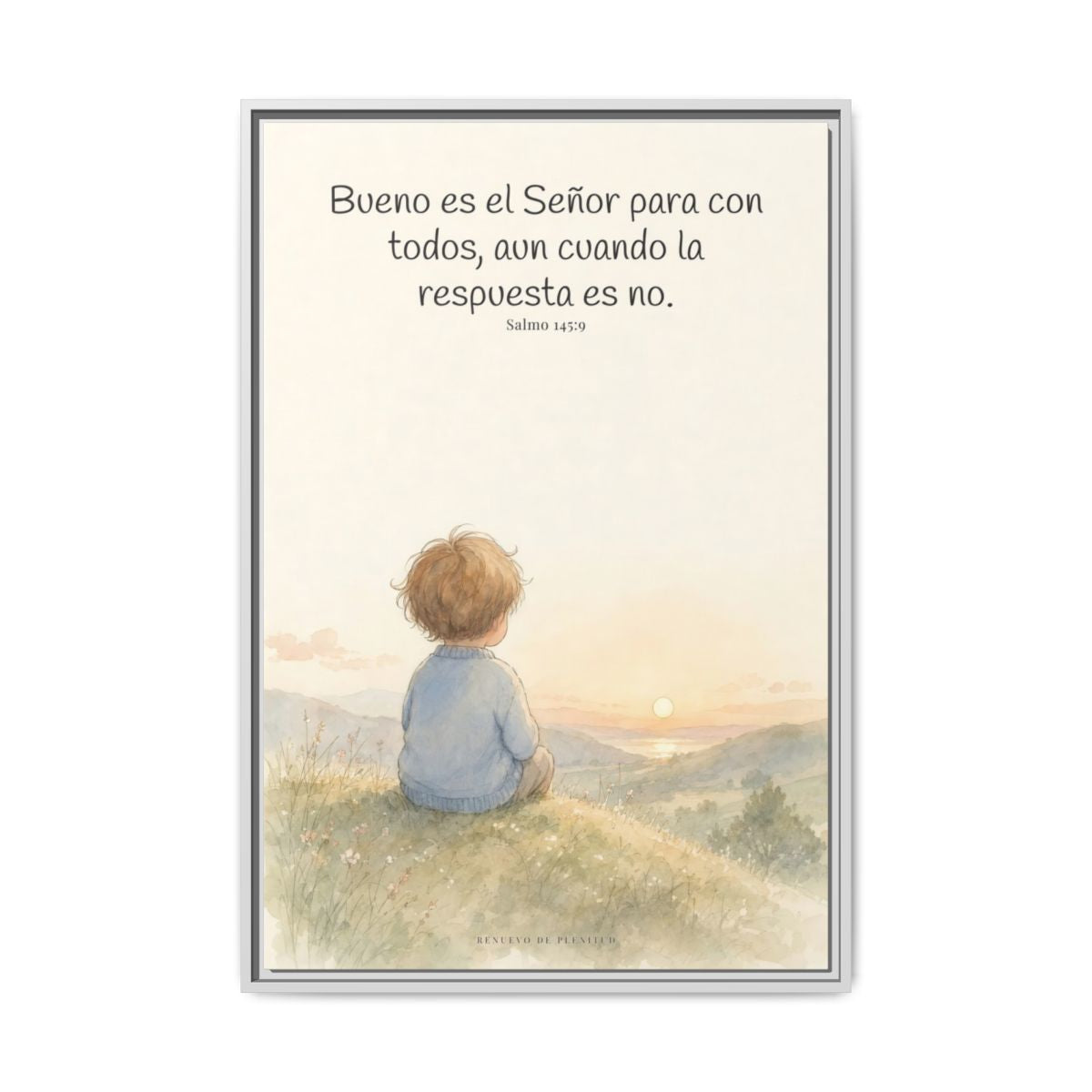 Bueno es Jehová para con todos — Lienzo Cristiano Enmarcado | Salmo 145:9 — 24×36 pulgadas, marco blanco, vista frontal