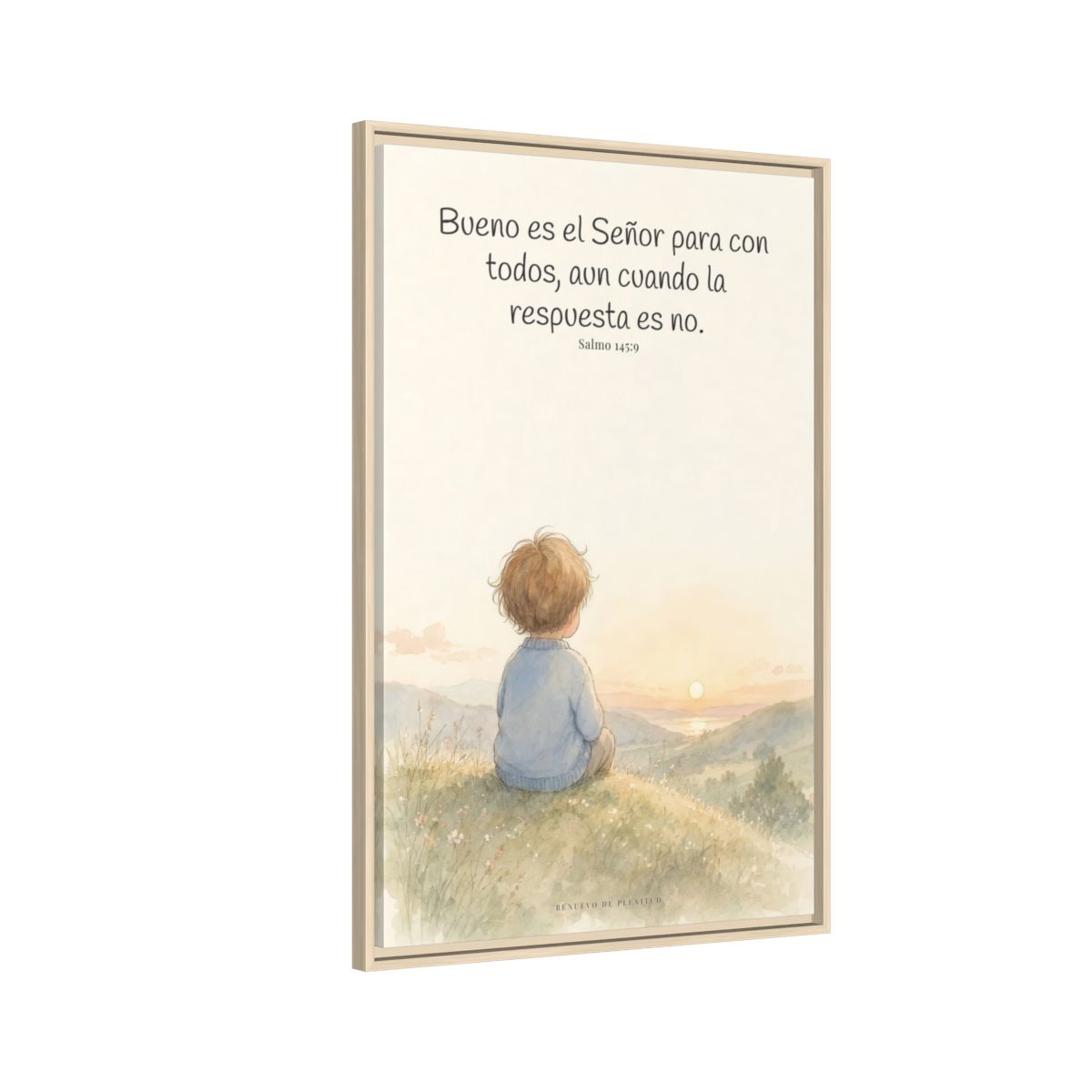 Bueno es Jehová para con todos — Lienzo Cristiano Enmarcado | Salmo 145:9 — 24×36 pulgadas, marco natural, vista lateral del marco flotante