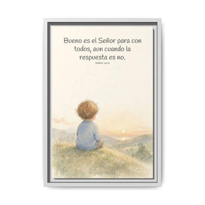 Bueno es Jehová para con todos — Lienzo Cristiano Enmarcado | Salmo 145:9 — 12×18 pulgadas, marco blanco, vista frontal