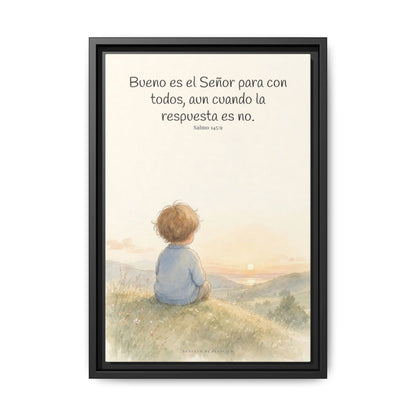 Bueno es Jehová para con todos — Lienzo Cristiano Enmarcado | Salmo 145:9 — 12×18 pulgadas, marco negro, vista frontal