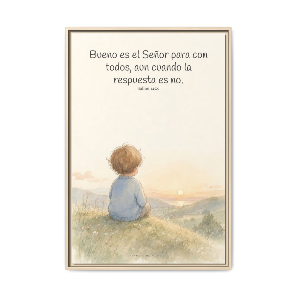 Bueno es Jehová para con todos — Lienzo Cristiano Enmarcado | Salmo 145:9 — 24×36 pulgadas, marco natural, vista frontal