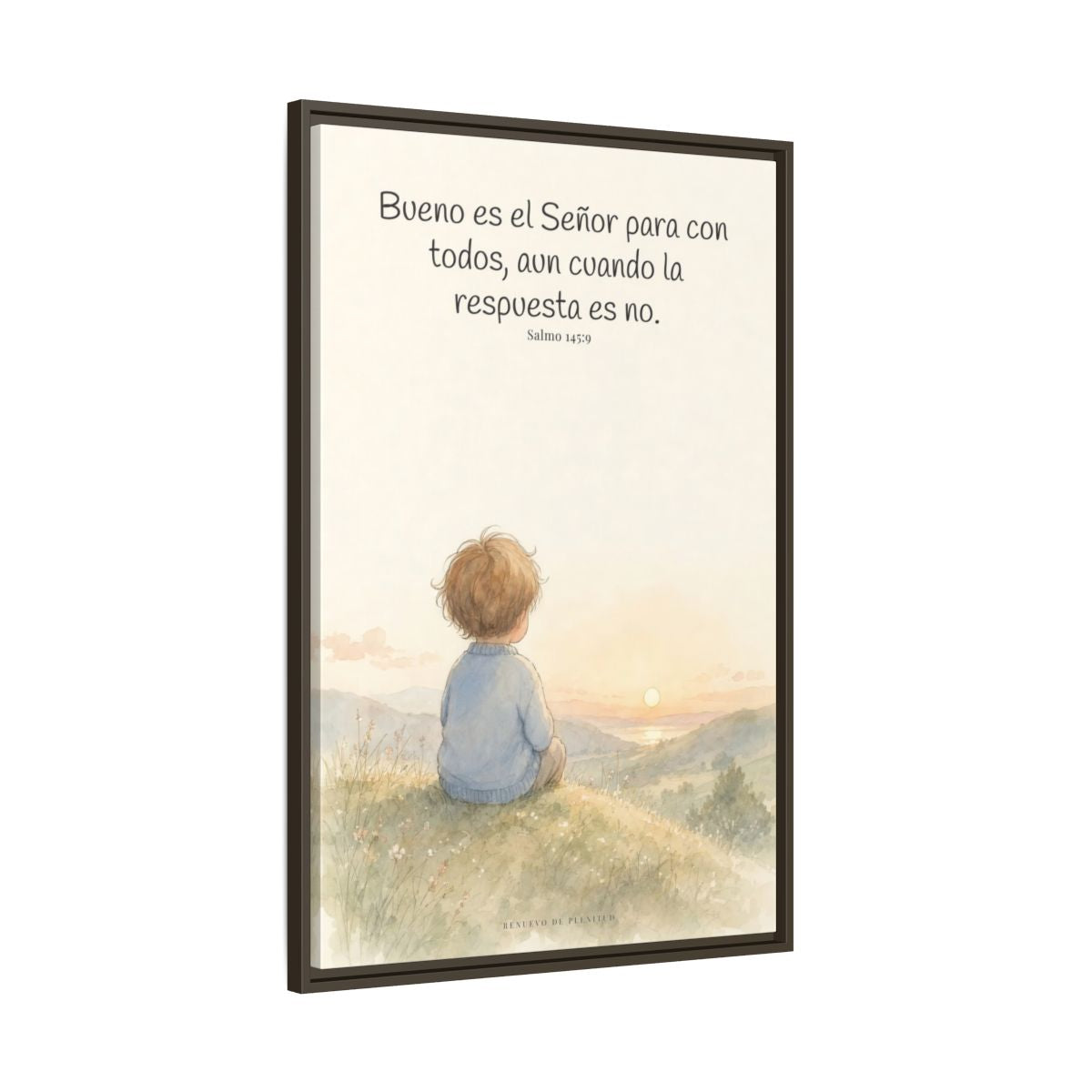 Bueno es Jehová para con todos — Lienzo Cristiano Enmarcado | Salmo 145:9 — 24×36 pulgadas, marco espresso, vista lateral del marco flotante
