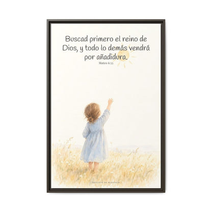 Buscad primero el reino de Dios — Lienzo Cristiano Enmarcado | Mateo 6:33 — 24×36 pulgadas, marco espresso, vista frontal