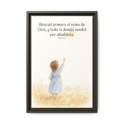 Buscad primero el reino de Dios — Lienzo Cristiano Enmarcado | Mateo 6:33 — 12×18 pulgadas, marco espresso, vista frontal