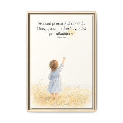 Buscad primero el reino de Dios — Lienzo Cristiano Enmarcado | Mateo 6:33 — 16×24 pulgadas, marco natural, vista frontal