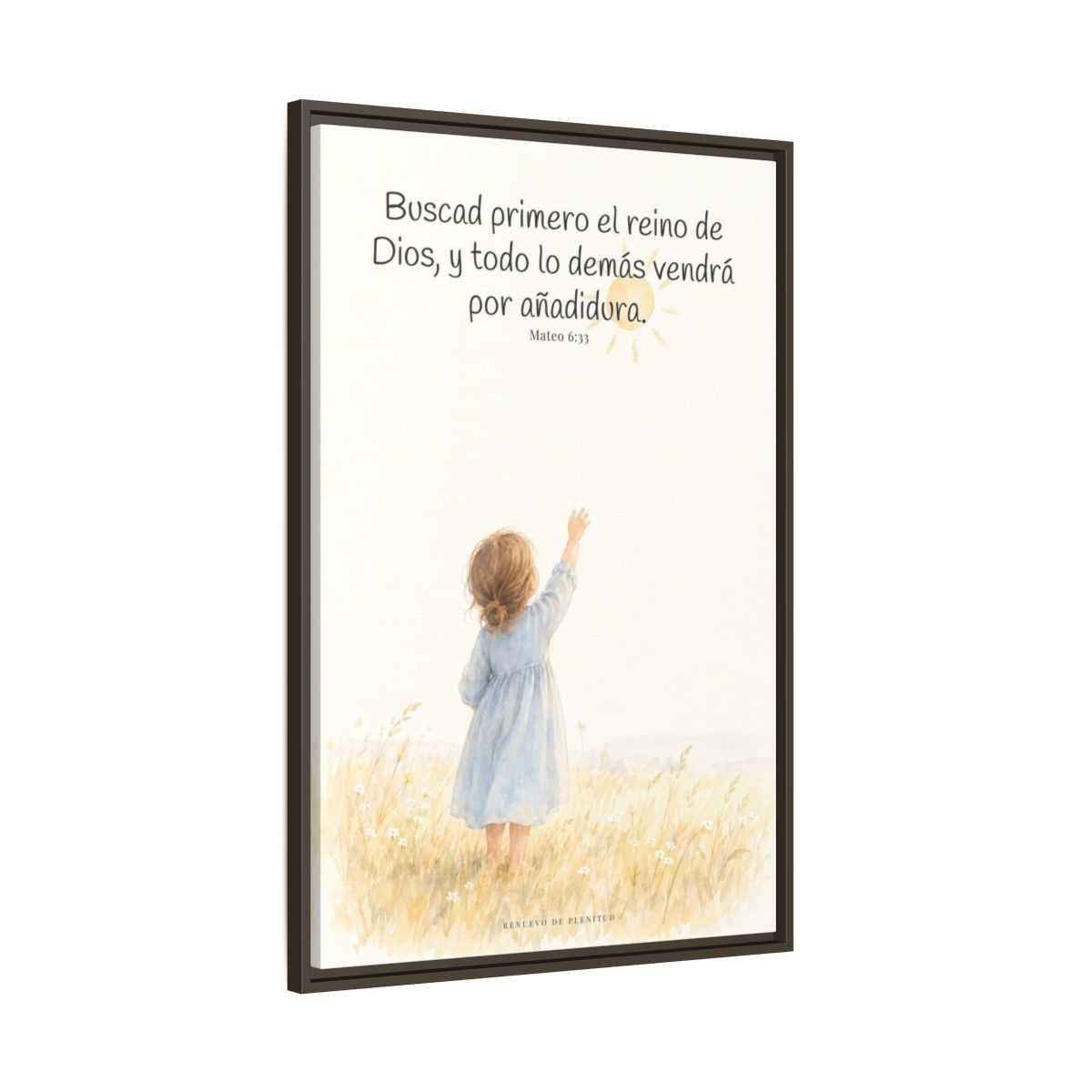 Buscad primero el reino de Dios — Lienzo Cristiano Enmarcado | Mateo 6:33 — 24×36 pulgadas, marco espresso, vista lateral del marco flotante