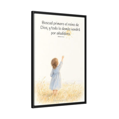 Buscad primero el reino de Dios — Lienzo Cristiano Enmarcado | Mateo 6:33 — 24×36 pulgadas, marco negro, vista lateral del marco flotante
