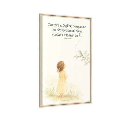 Cantaré a Jehová porque me ha hecho bien — Lienzo Cristiano Enmarcado | Salmo 13:5-6 — 24×36 pulgadas, marco natural, vista lateral del marco flotante