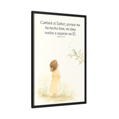 Cantaré a Jehová porque me ha hecho bien — Lienzo Cristiano Enmarcado | Salmo 13:5-6 — 24×36 pulgadas, marco negro, vista lateral del marco flotante