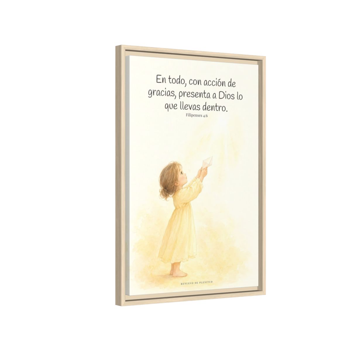 Con acción de gracias, presenta todo a Dios — Lienzo Cristiano Enmarcado | Filipenses 4:6 — 16×24 pulgadas, marco natural, vista lateral del marco flotante