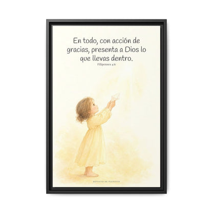 Con acción de gracias, presenta todo a Dios — Lienzo Cristiano Enmarcado | Filipenses 4:6 — 16×24 pulgadas, marco negro, vista frontal