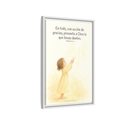 Con acción de gracias, presenta todo a Dios — Lienzo Cristiano Enmarcado | Filipenses 4:6 — 16×24 pulgadas, marco blanco, vista lateral del marco flotante