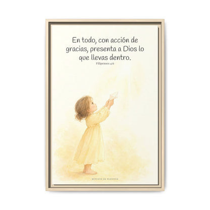 Con acción de gracias, presenta todo a Dios — Lienzo Cristiano Enmarcado | Filipenses 4:6 — 16×24 pulgadas, marco natural, vista frontal