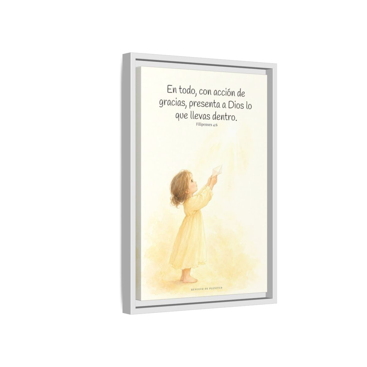 Con acción de gracias, presenta todo a Dios — Lienzo Cristiano Enmarcado | Filipenses 4:6 — 12×18 pulgadas, marco blanco, vista lateral del marco flotante