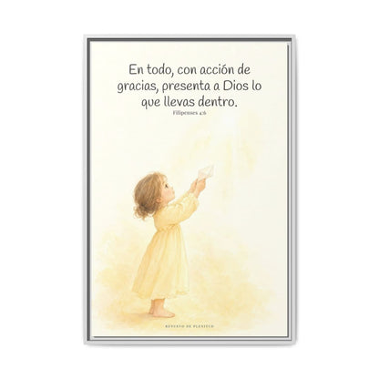 Con acción de gracias, presenta todo a Dios — Lienzo Cristiano Enmarcado | Filipenses 4:6 — 24×36 pulgadas, marco blanco, vista frontal