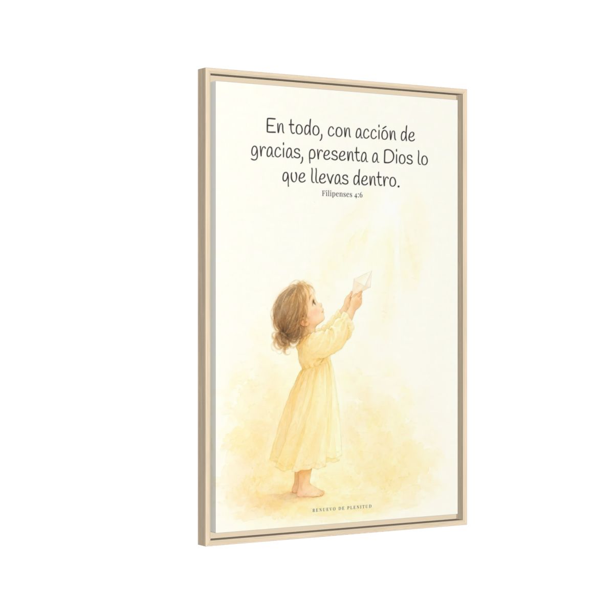 Con acción de gracias, presenta todo a Dios — Lienzo Cristiano Enmarcado | Filipenses 4:6 — 24×36 pulgadas, marco natural, vista lateral del marco flotante