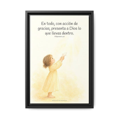 Con acción de gracias, presenta todo a Dios — Lienzo Cristiano Enmarcado | Filipenses 4:6 — 12×18 pulgadas, marco negro, vista frontal